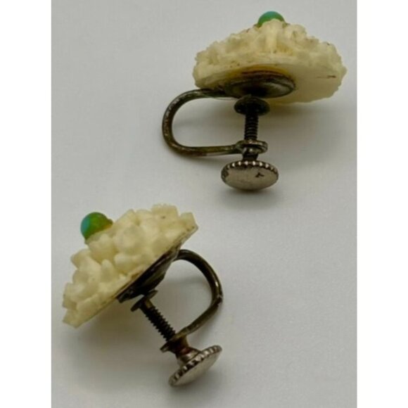 Vintage Earrings Carved Lucite/Resin Flowers Faux Turquoise Screw-Back, Unsigned - Picture 2 of 9